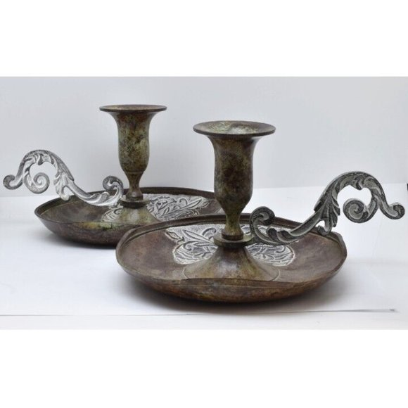 Other - Pair of Bronze Candle Holders with White Wash Accents